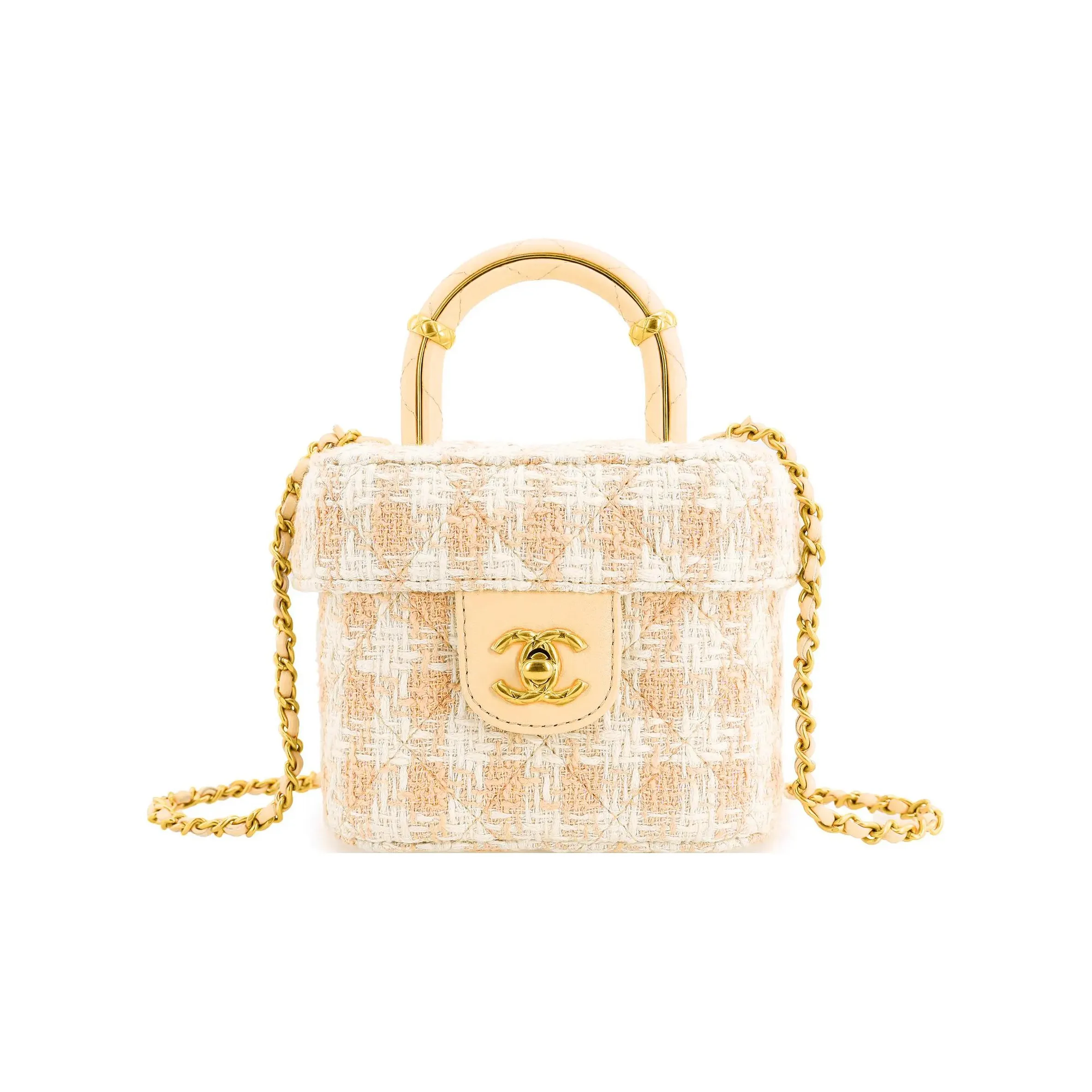 CHANEL Lambskin With Tweed Portable One Shoulder Crossbody Makeup Bag Trumpets Women's Orange/White