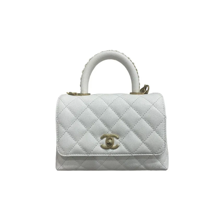 CHANEL 23P Spring And Summer COCO Handle Litchi Grain Cow Leather Shoulder Bag Crossbody Bag Handbag Mini Women's White