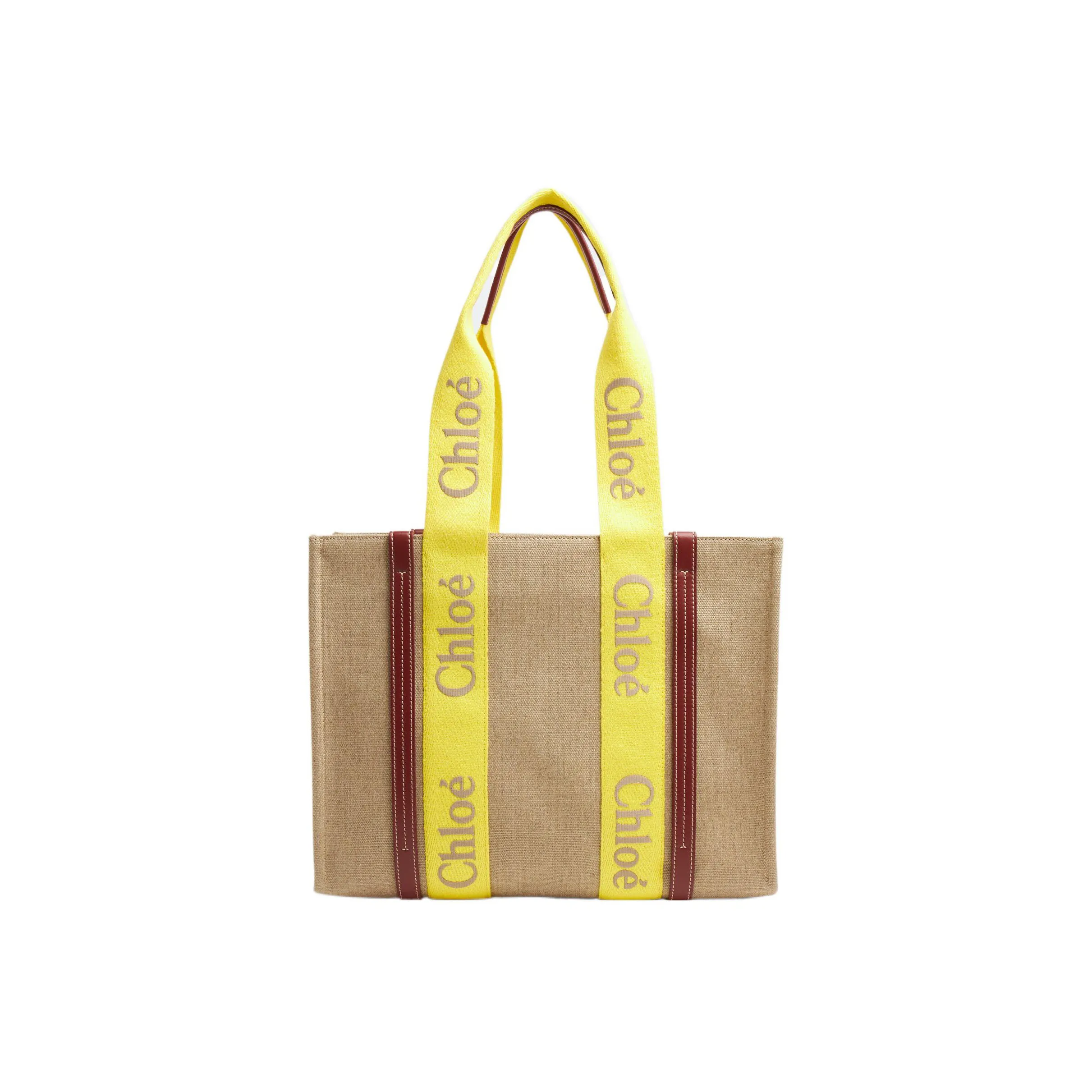 Chloe Woody Linen Canvas With Calfskin Canvas Bag, Tote Bag, Shopping Bag, Handbag Medium Size Women's Yellow