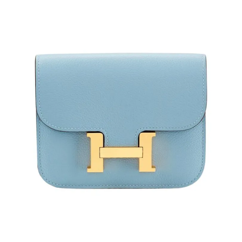 HERMES Constance Slim Evercolor Calfskin Wallets Card Holders Fanny Pack Women
s J7 Bleu Lin Linen Blue
