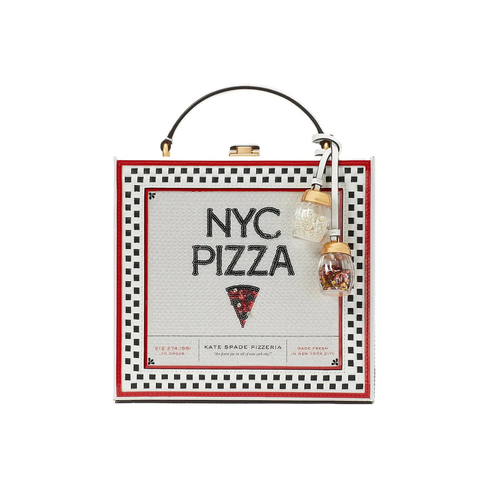 Kate Spade Patent Leather 3D Pizza Box, Small Square Bag, One Shoulder Handbag Women's White