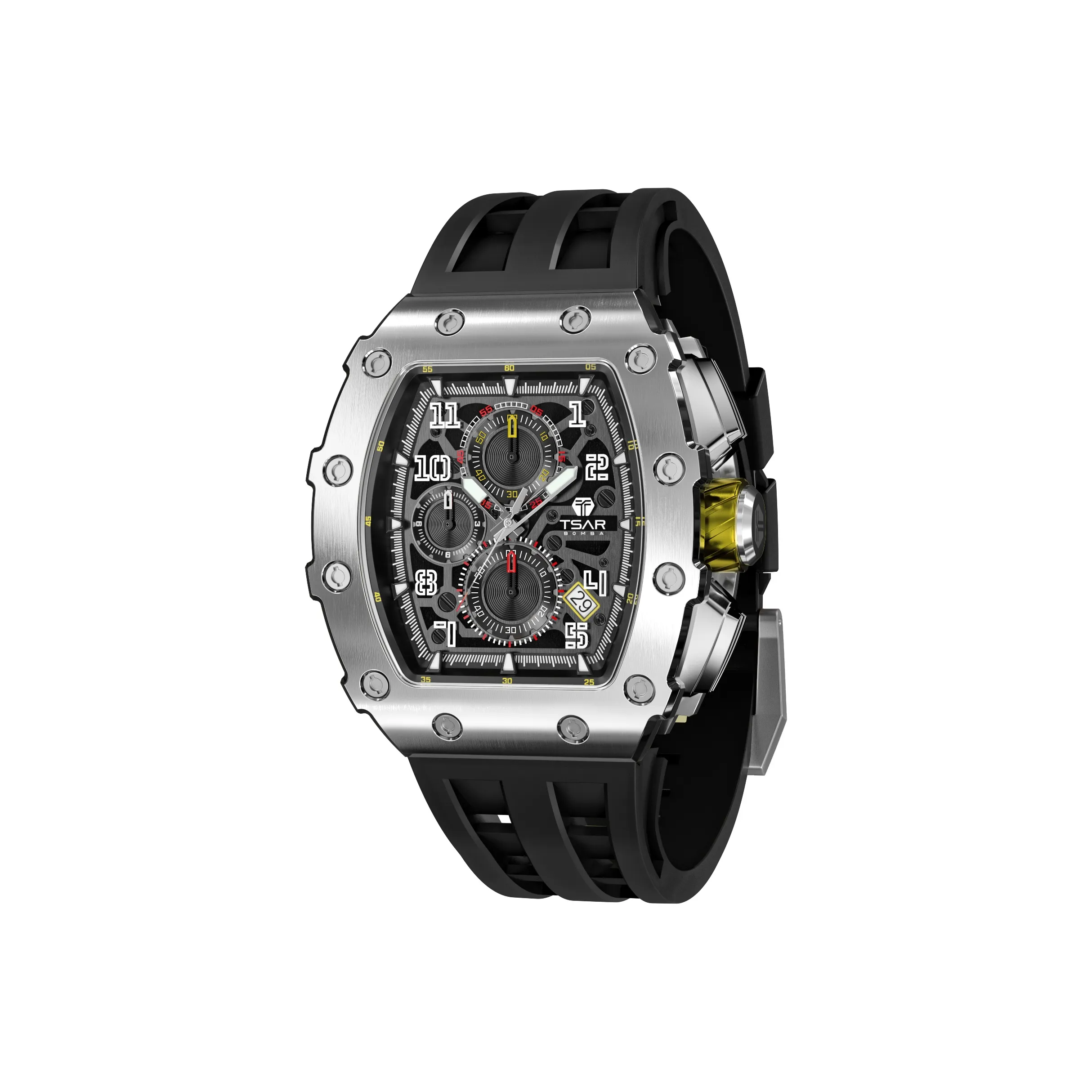 TSAR BOMBA Racer Series Кварцевый механизм Силиконовый ремешок Часы Мужские Черный циферблат