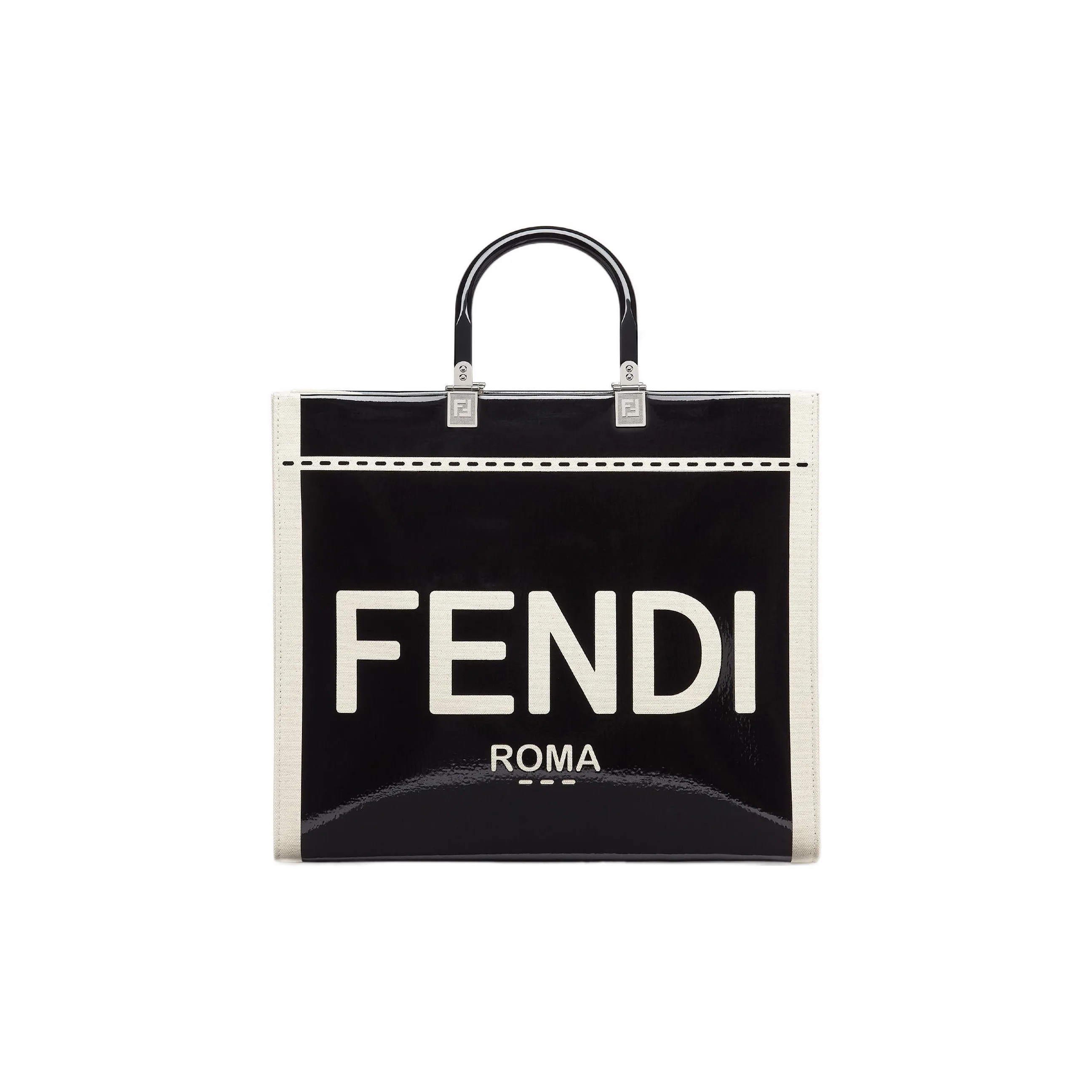 FENDI Sunshine Canvas With Patent Leather Tote Bag, Shopping Bag, Handbag Medium Size Women's Black