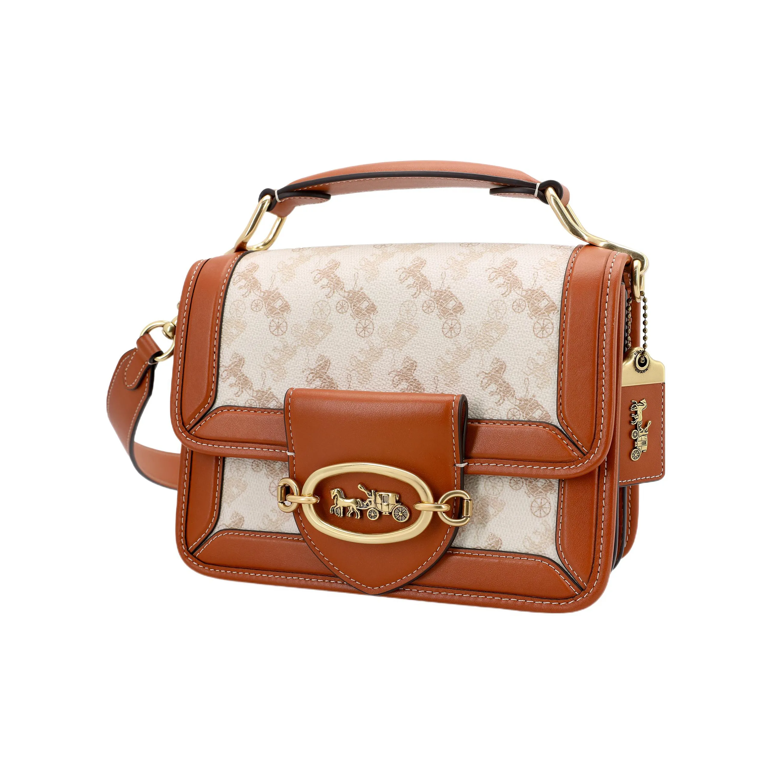 COACH Hero Cow Leather Handbag, Shoulder Bag, Crossbody Bag Trumpets Women's Caramel Brown & White