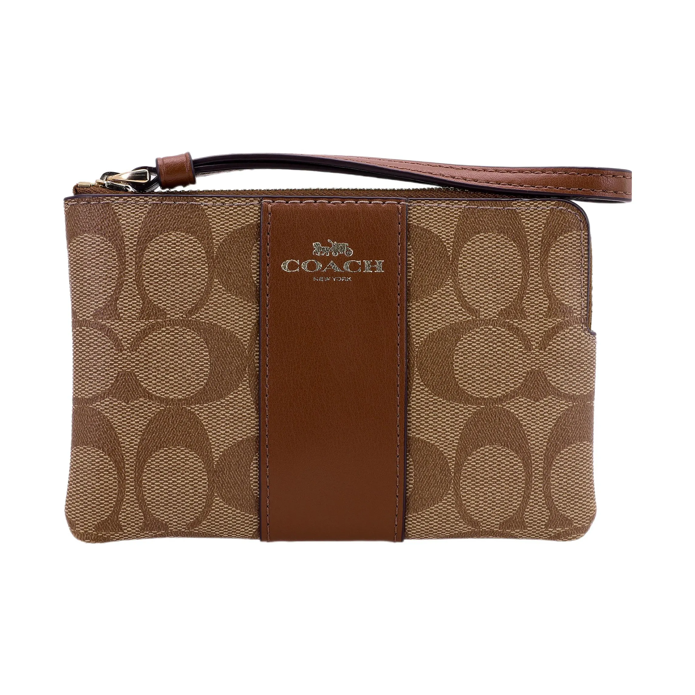 COACH Corner Zip Monogram Canvas With Leather Wrist Bag Coin Purse Clutch Women's Brown