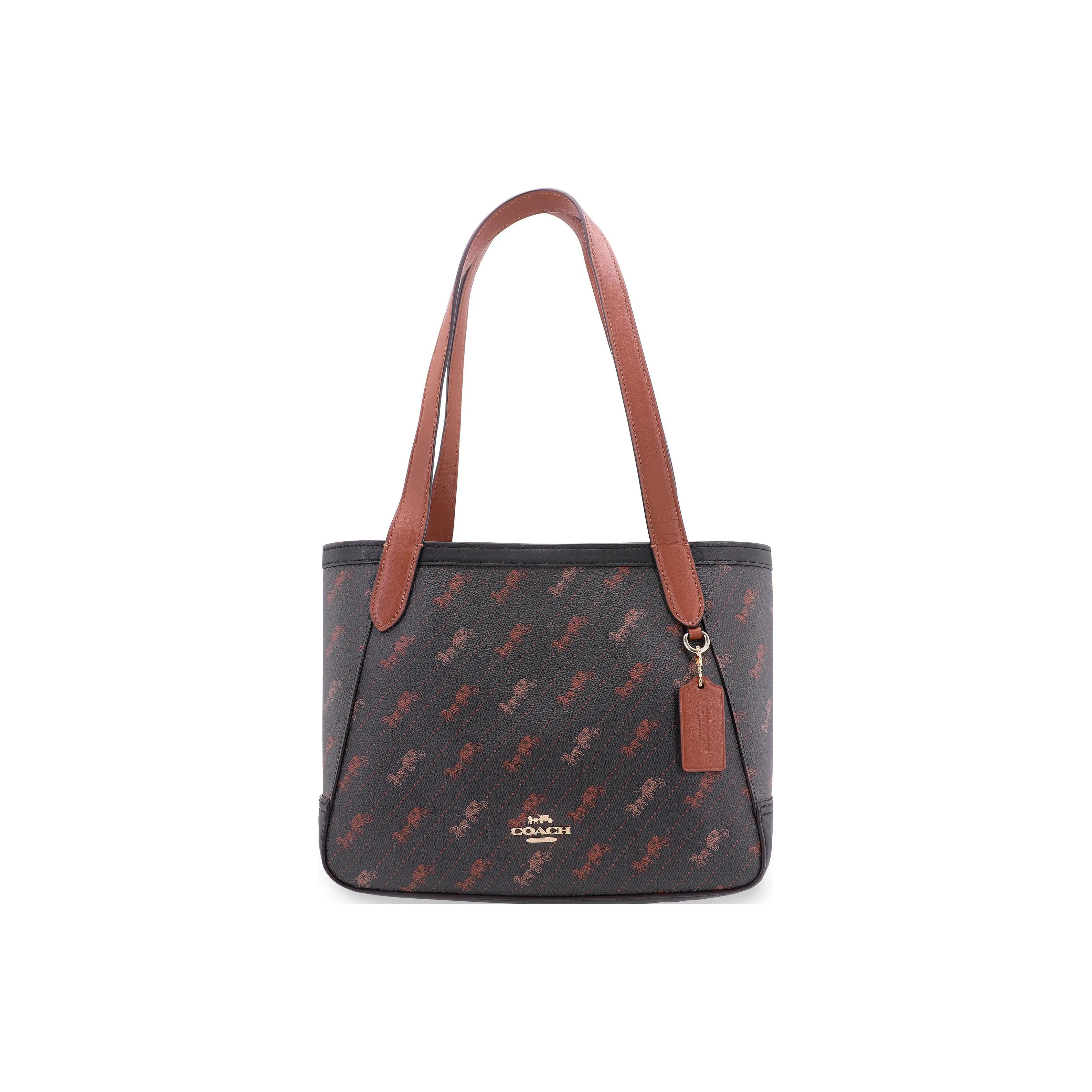 COACH Coated Canvas With Leather Tote Bag, Shopping Bag, Handbag, Shoulder Bag Women's Dark Brown