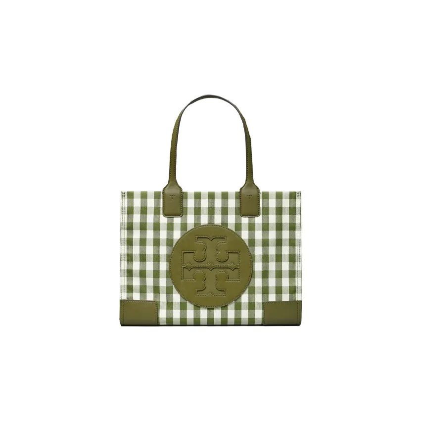 TORY BURCH PU Leather Tote Bag, Shopping Bag, Handbag Mini Women's Olive Green & Ivory White Plaid