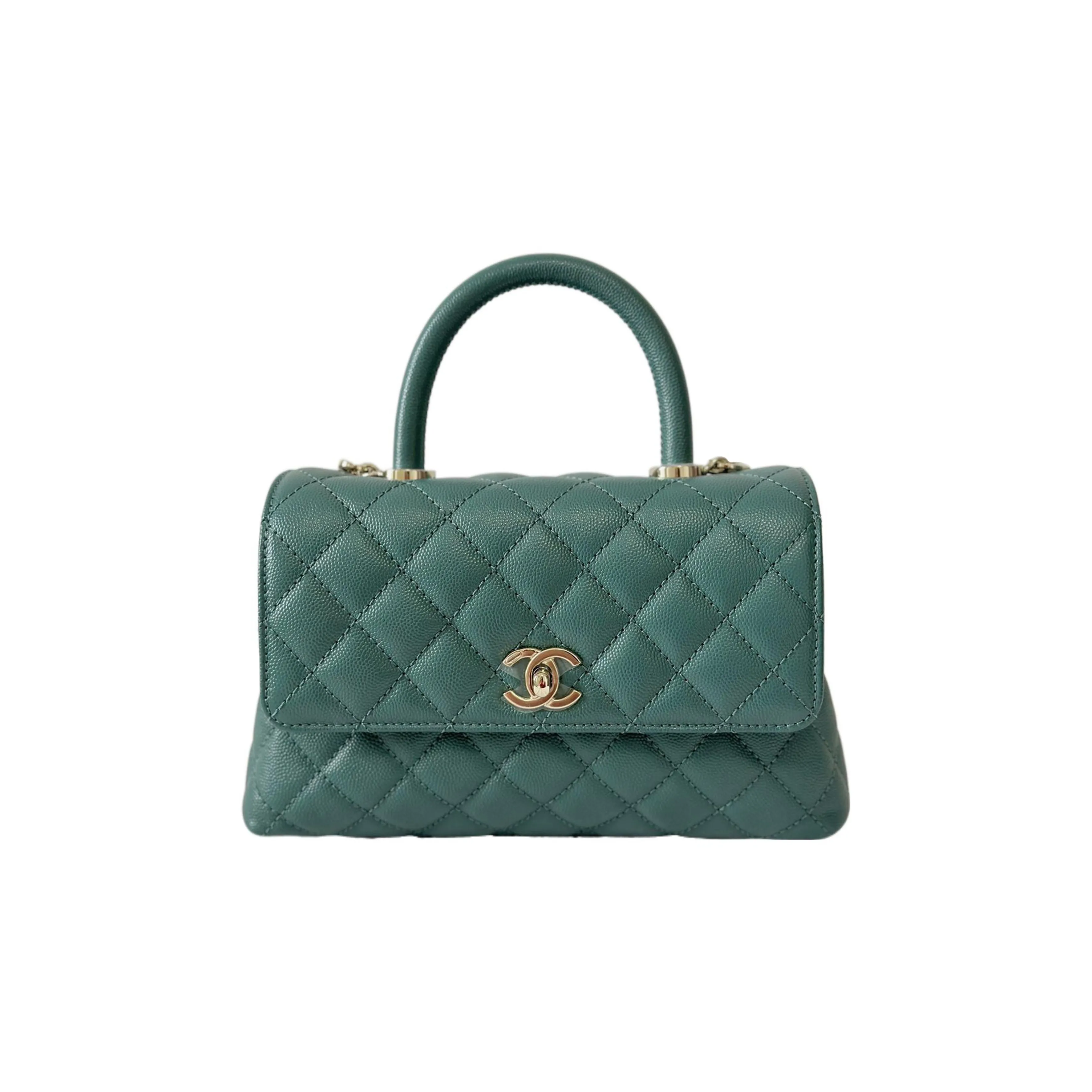 CHANEL Coco Handle Calfskin Flap Bag, One Shoulder Handbag Women's Green