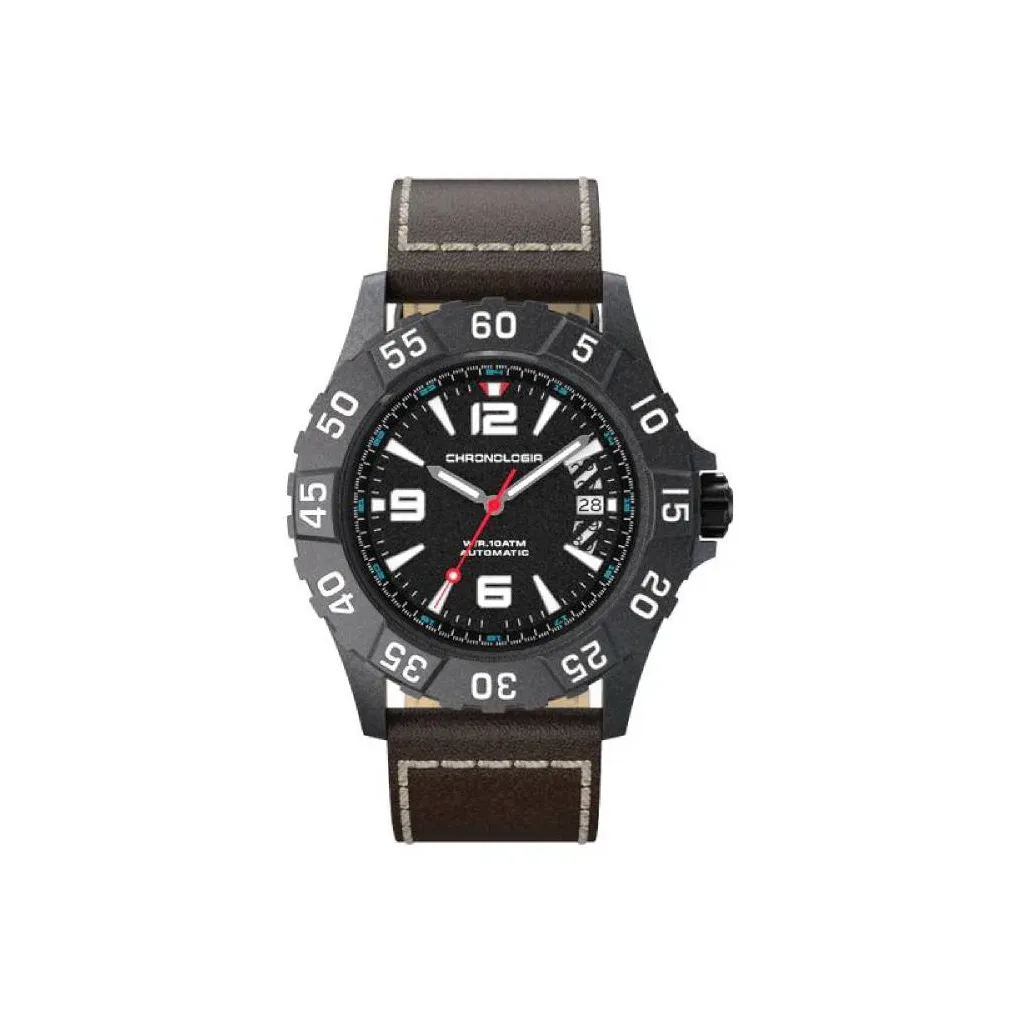 CHRONOLOGIA Mountaineer Collection Wrist Watch Mechanical Movement Leather Strap Black Dial Men's Watches 78476 8