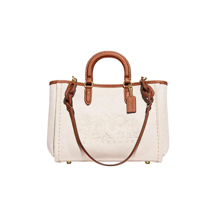 COACH Fabric Tote Bag Shopping Bag One Shoulder Handbag Large Size Women's Ivory White & Brown