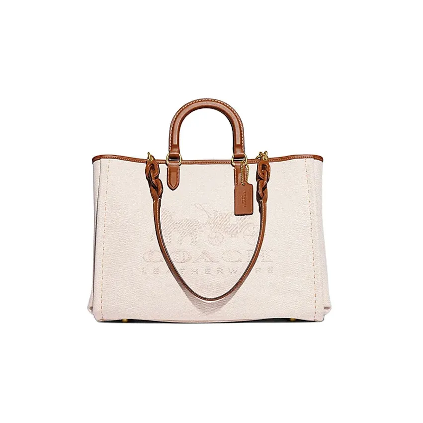COACH Fabric Tote Bag, Shopping Bag, One Shoulder Handbag Large Size Women's Ivory White & Brown