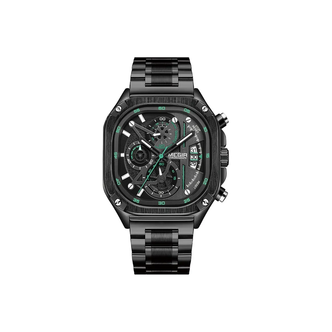 MEGIR Кварцевый механизм ремешок из нержавеющей стали черный циферблат мужские часы