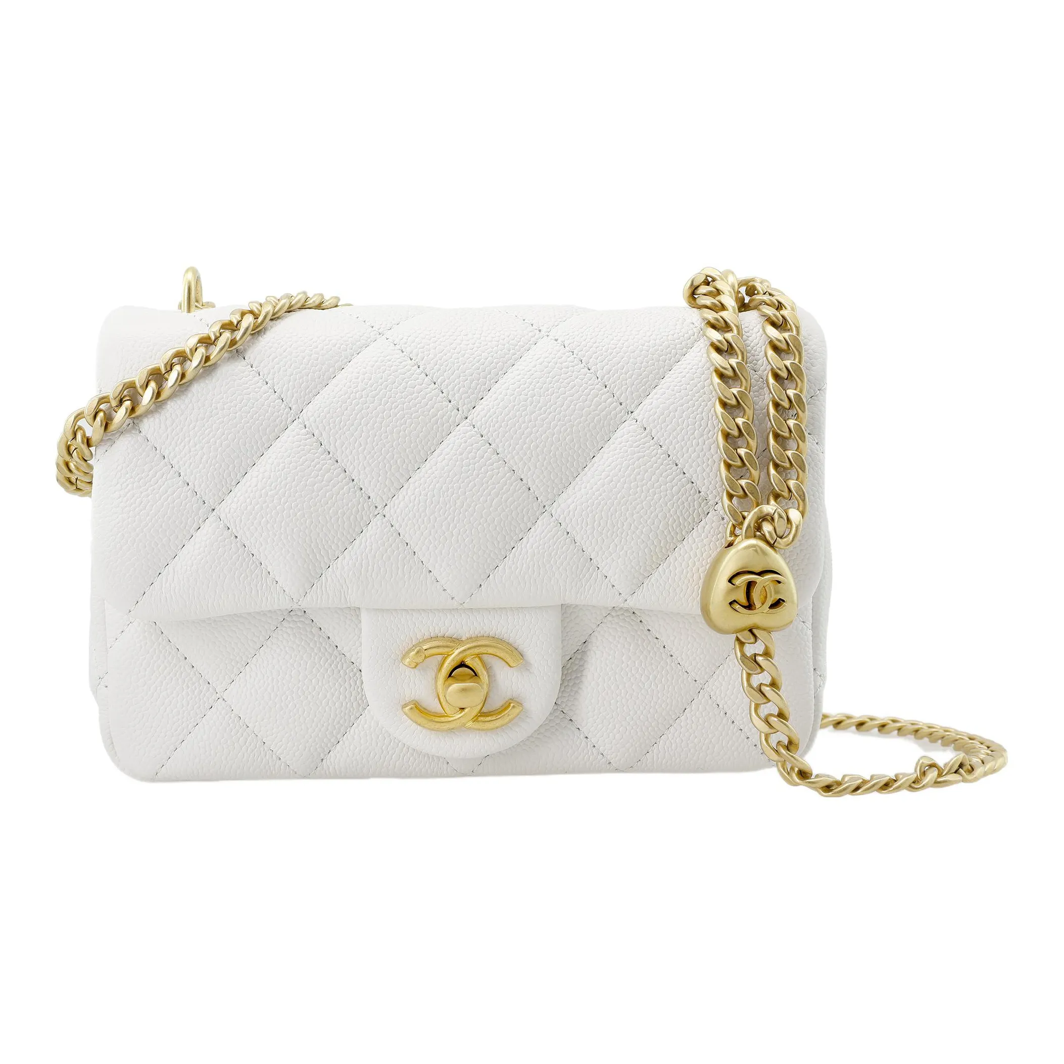 CHANEL Litchi Grain Cow Leather Long Flap Bag, Shoulder Bag, Crossbody Bag Trumpets Women's White