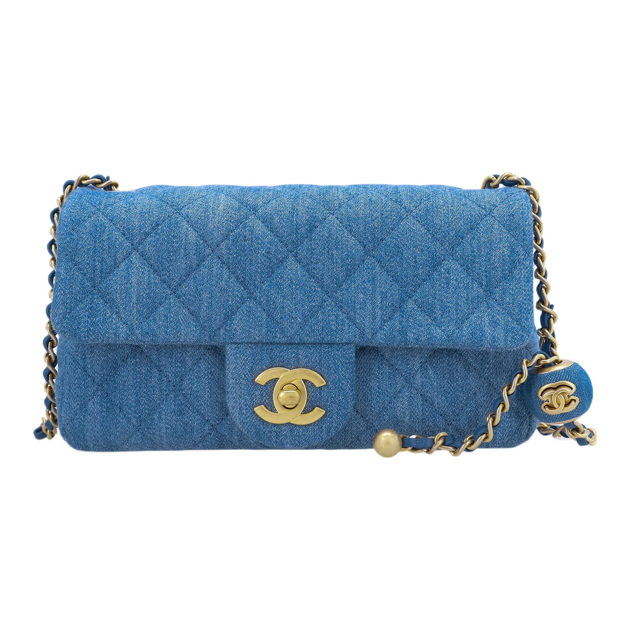 CHANEL Classic Flap CF Small Gold Ball Denim Shoulder Bag, Crossbody Bag Mini Women's Denim Blue