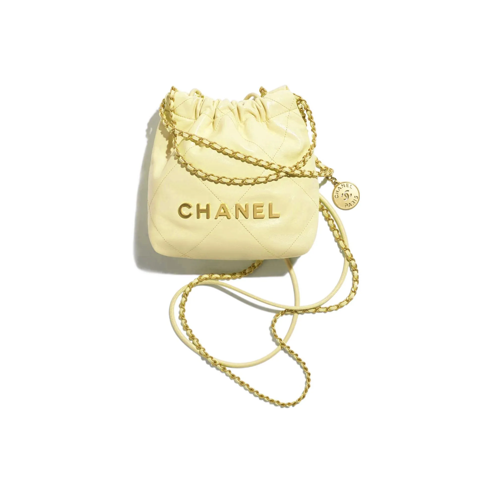CHANEL 22Bag Calfskin Bucket Bags Lasercut Shoulder Bag Crossbody Bag Mini Women's Light Yellow