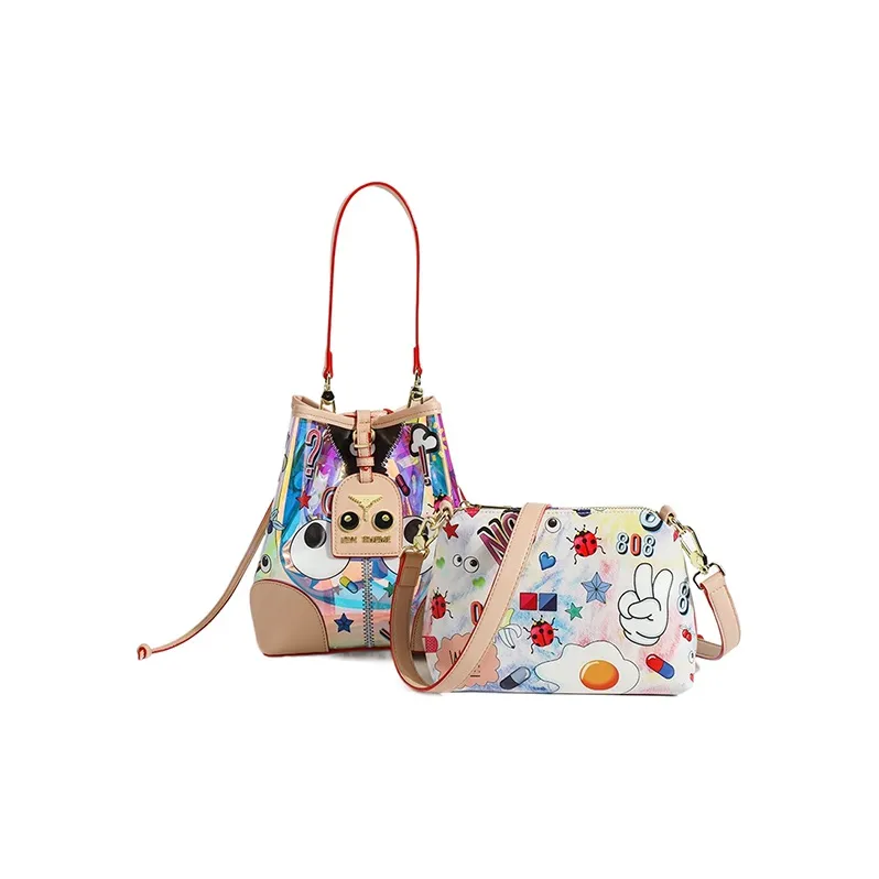 EYE THEME PU Leather Bucket Bags Crossbody Bag, Shoulder Bag Women's Iridescent & Apricot
