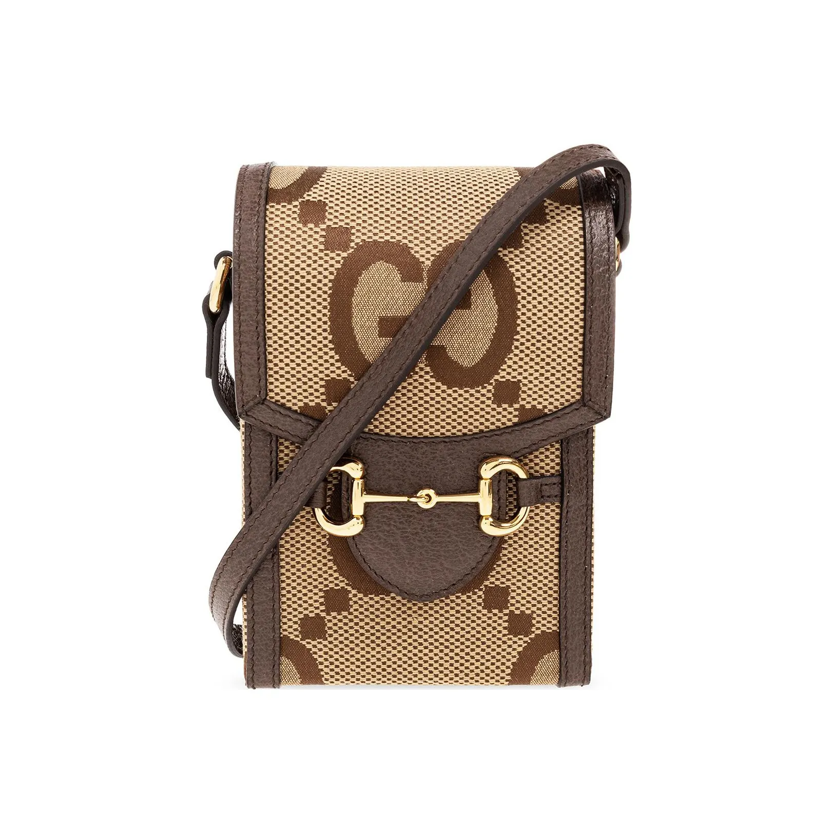 GUCCI Canvas With Leather Cell Phone Pouch, Cigarette Case, Bag, Shoulder Bag, Crossbody Bag Mini Unisex Camel/Ebony