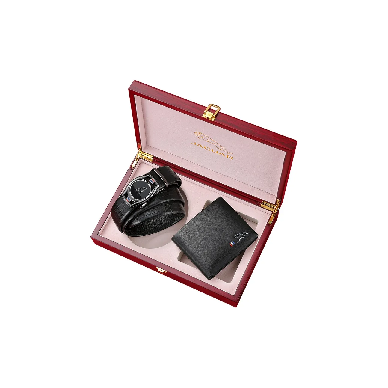 JAGUAR Leather Belts Men's Black Belt+Wallet, Gift Box Set