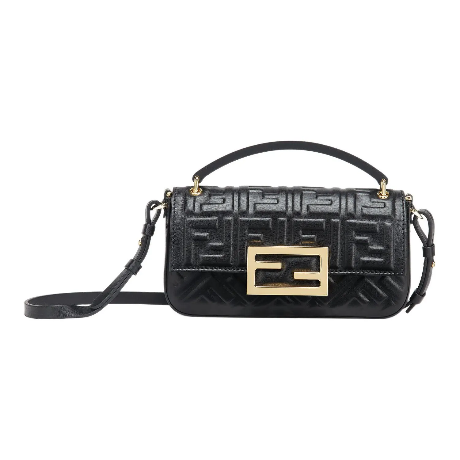 FENDI Baguette Lambskin Shoulder Bag, Crossbody Bag With Cell Phone Pouch Women's Black