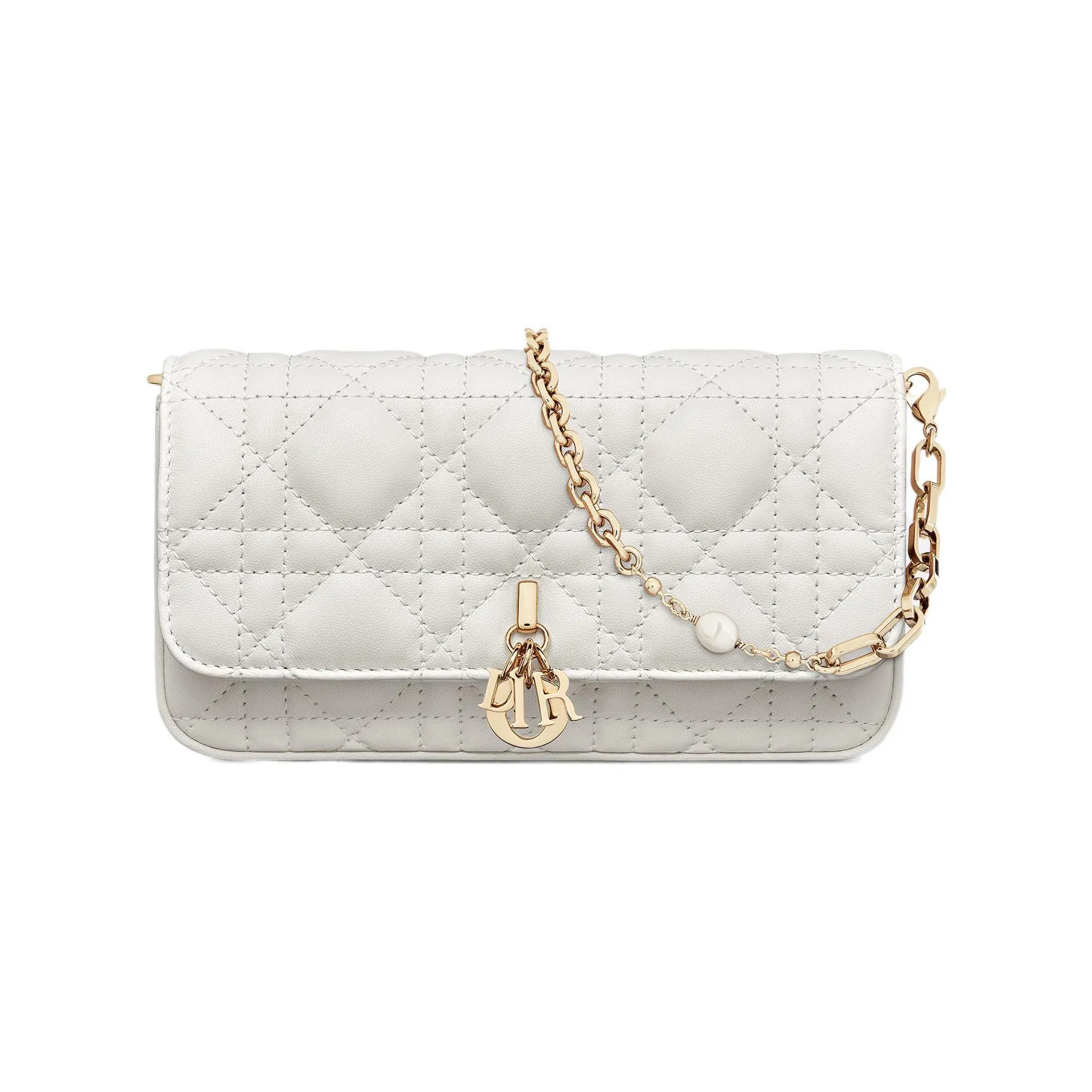 DIOR Lady Dior Wicker Pattern Sheepskin Clutch Shoulder Bag, Crossbody Bag, Cell Phone Pouch Women's White