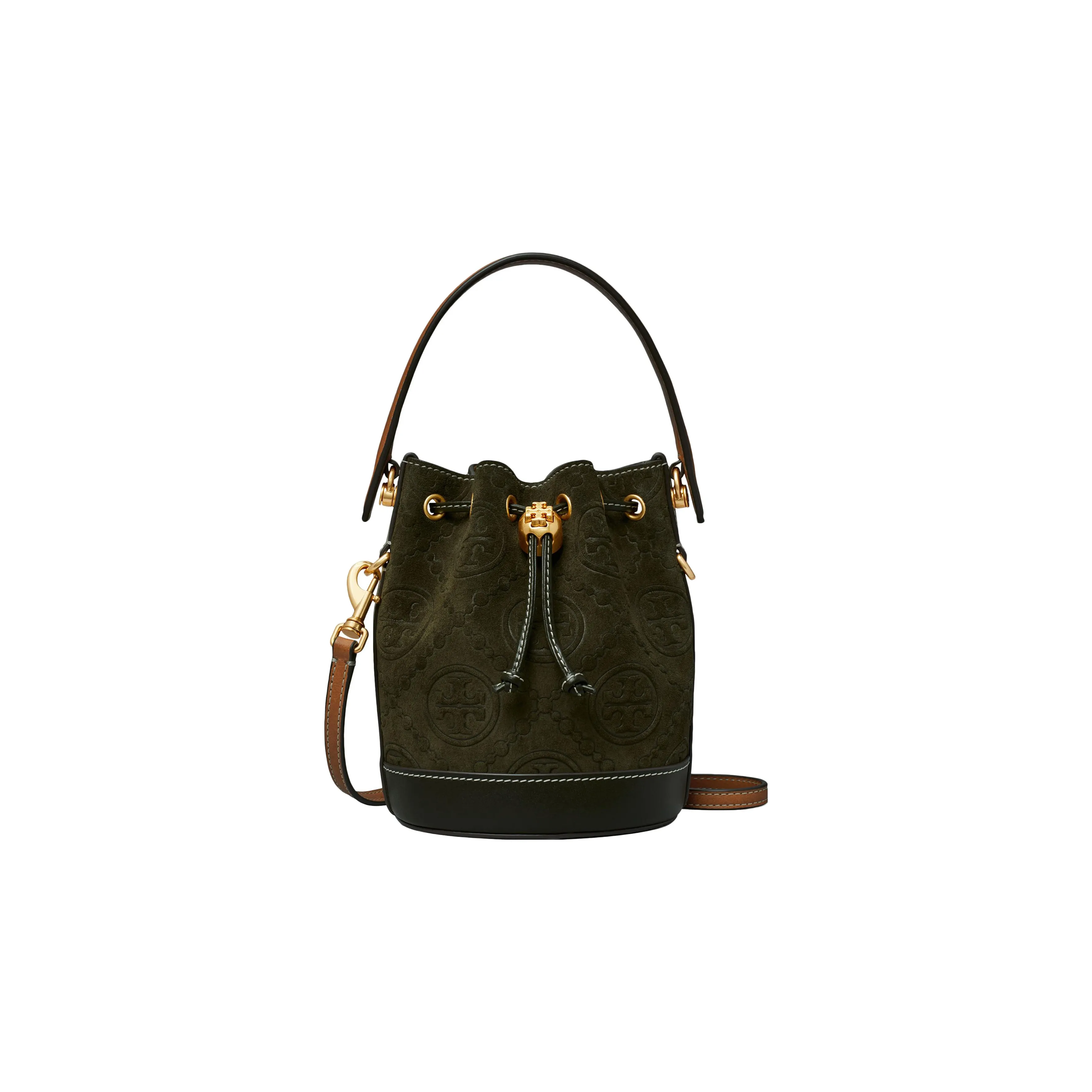 TORY BURCH T Monogram Leather Bucket Bag, Shoulder Bag, Crossbody Bag, Handbag Mini Women's Dark Olive Green