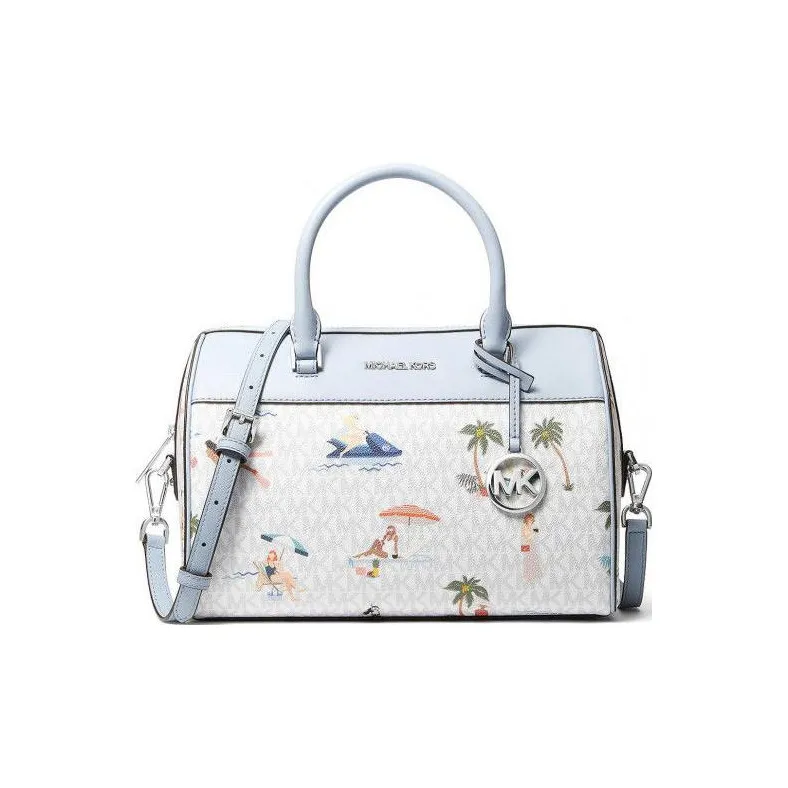 MICHAEL KORS Jet Set Leather Boston Bag Travel Bag Handbag Medium Size Women's White & Blue