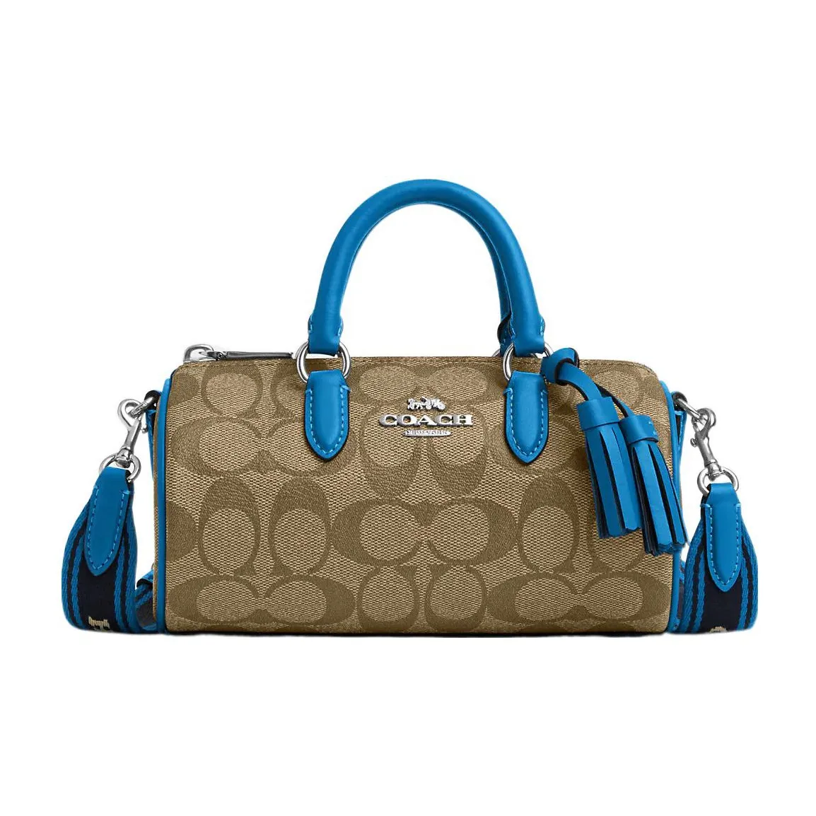 COACH Lacey Canvas With Leather Boston Bag, Shoulder Bag, Crossbody Bag, Handbag Small Women's Dark Brown & Blue