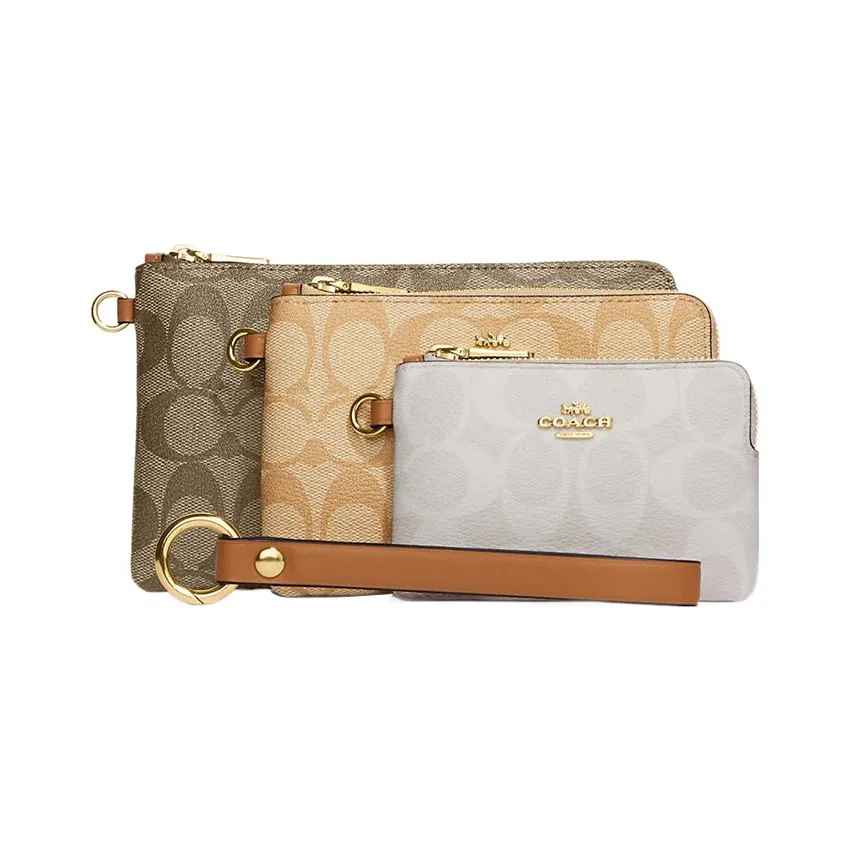 COACH Corner Zip Покрытый холст и гладкая кожа Кошелек сумка на запястье клатч маленький женский многоцветный