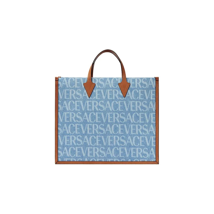 VERSACE Cotton With Cow Leather Tote Bag, Shopping Bag, Shoulder Bag, Crossbody Bag, Handbag Men's Light Blue