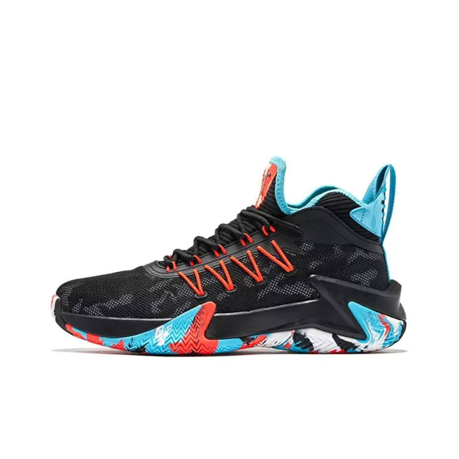 QIAODAN Broken Shadow Cushioned Slip Resistant Abrasion Resistant Mid Top Basketball Shoes Men's Black Blue