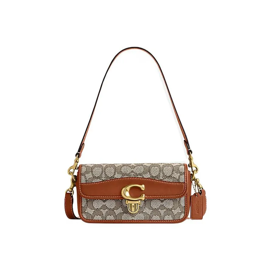 COACH Studio Cow Leather With Textile Baguette Bag Handbag Shoulder Bag Women's Brown & Gray