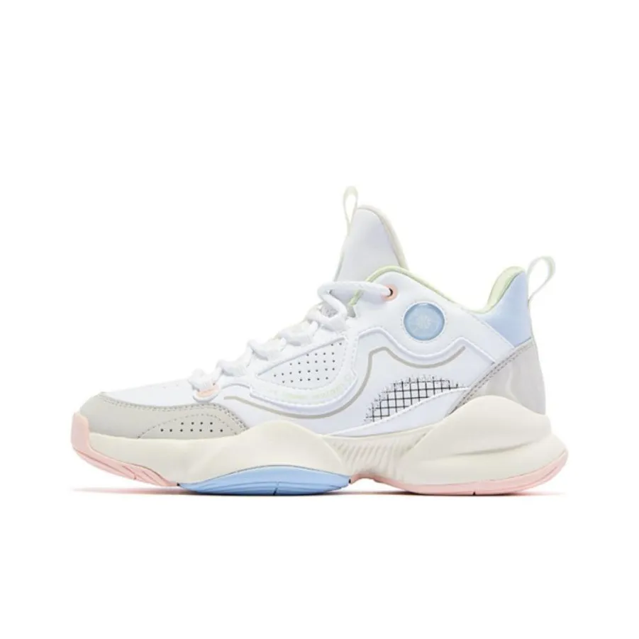 QIAODAN Anti Slip And Wear Resistant Breathable Mid Top Basketball Shoes Women's White Gray Blue Pink