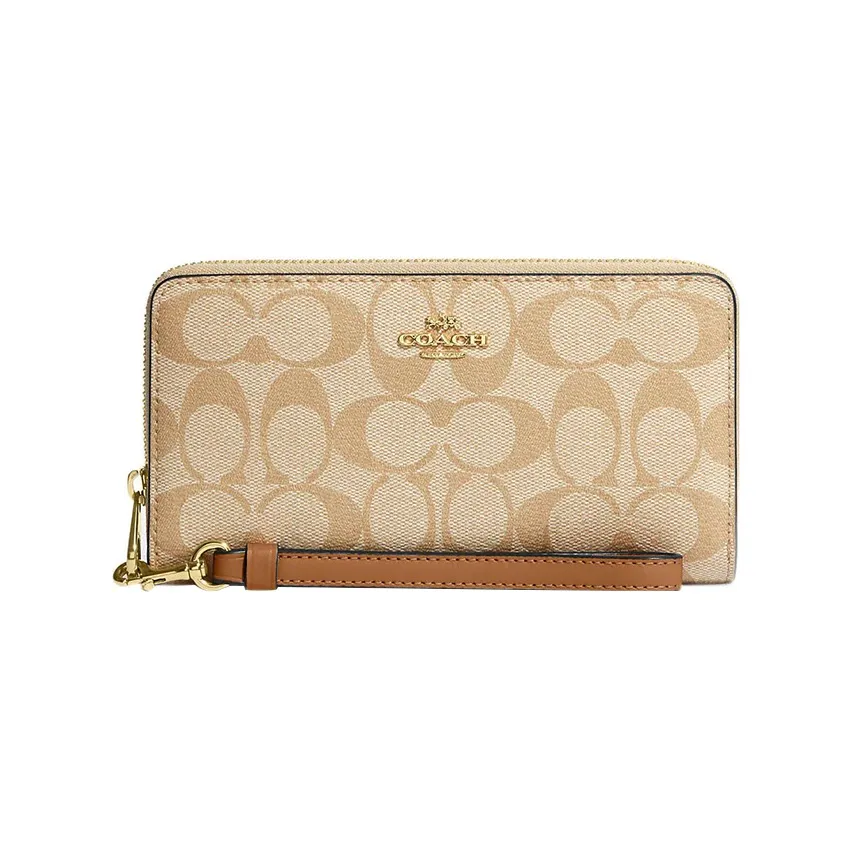 COACH Zip Around Canvas With Leather Clutch Wallet Trumpets Women's Khaki