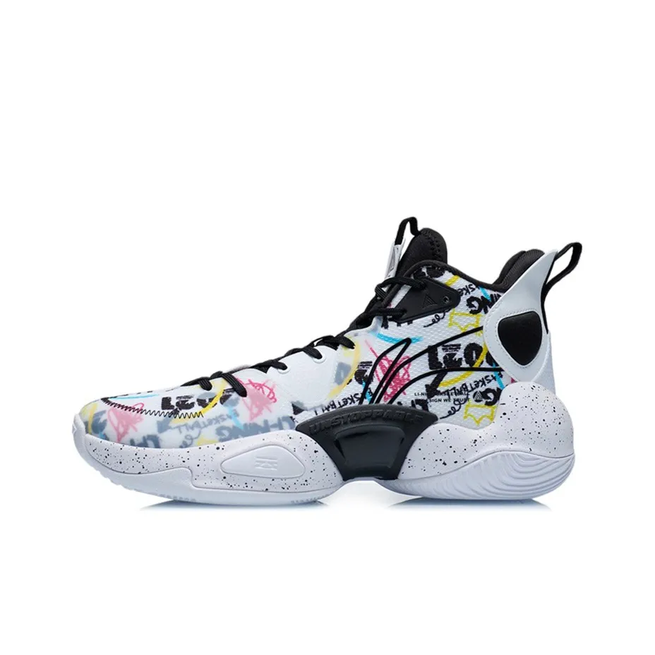 LiNing Power Cushioning Anti-Slip And Wear-Resistant Mid-Top Performance Basketball Shoes White Black Multicolor