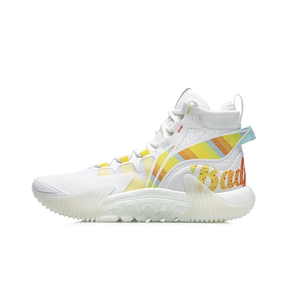 LINING Badfive 2 Basketball Shoes Men's High top Standard White/Dark Yellow/Light Blue