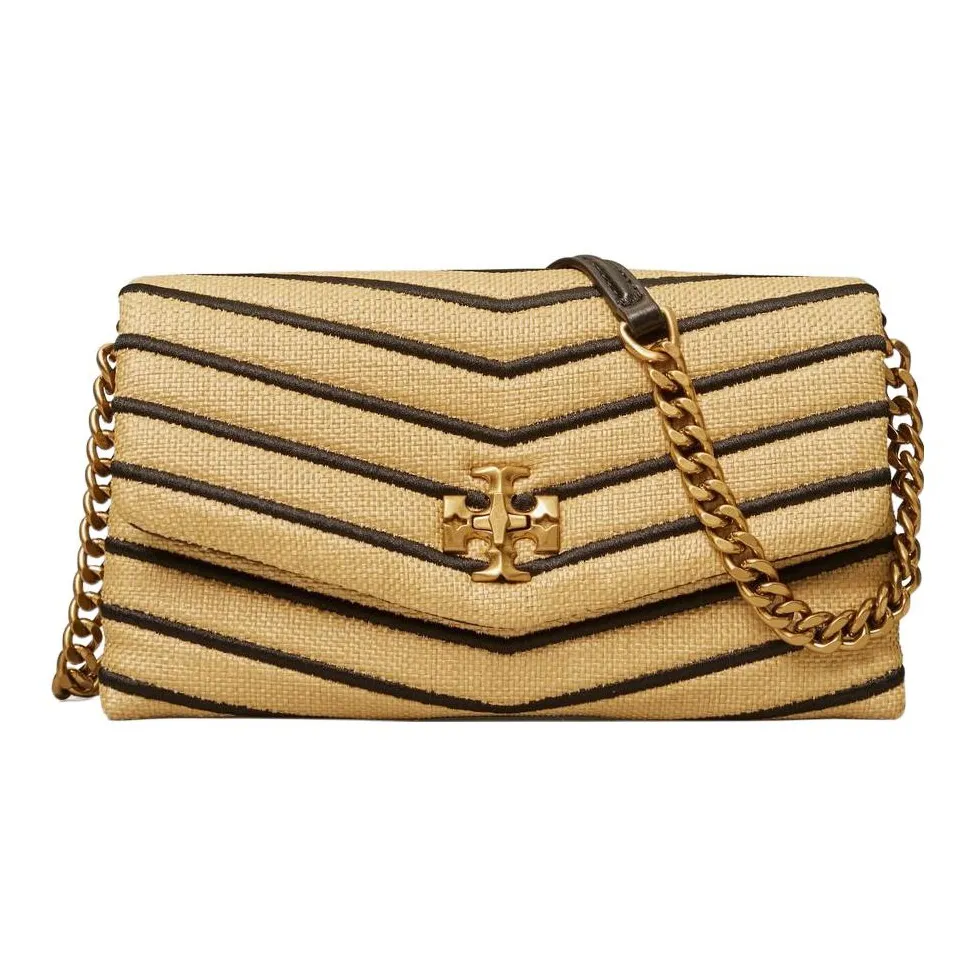 TORY BURCH Kira Straw Woven With Leather One Shoulder Crossbody Chain Wallet Regular Women's Beige, Yellow, & Black