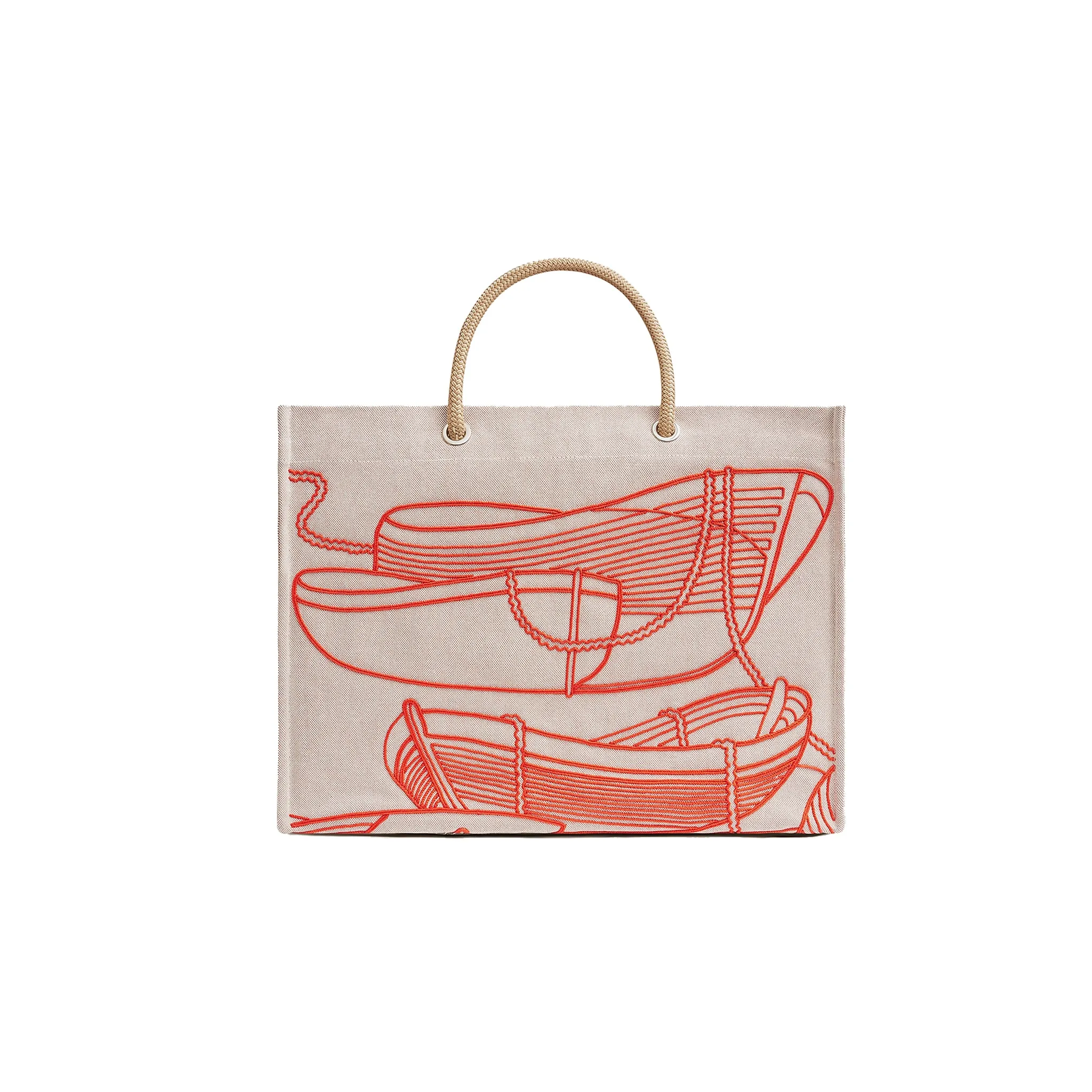 HERMES Cotton Tote Bag Shopping Bag Beach Bag Handbag Women's Red