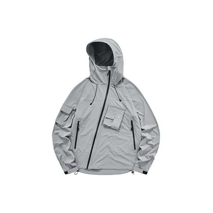VIP Multi Pocket Solid Color Zip Closure Hooded Sun Protection Clothing Unisex Gray