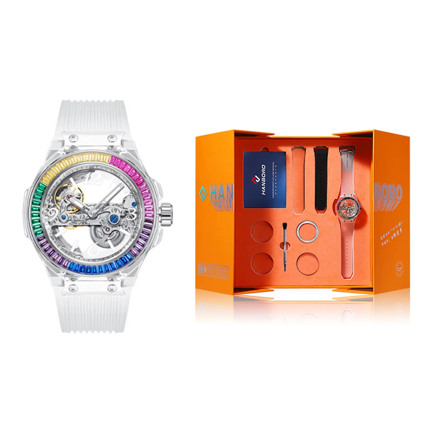 HANBORO Aurora Automatic Mechanical Movement Silicone Strap Watch Unisex Mother of Pearl Color Watch Dial HBR986 CB
