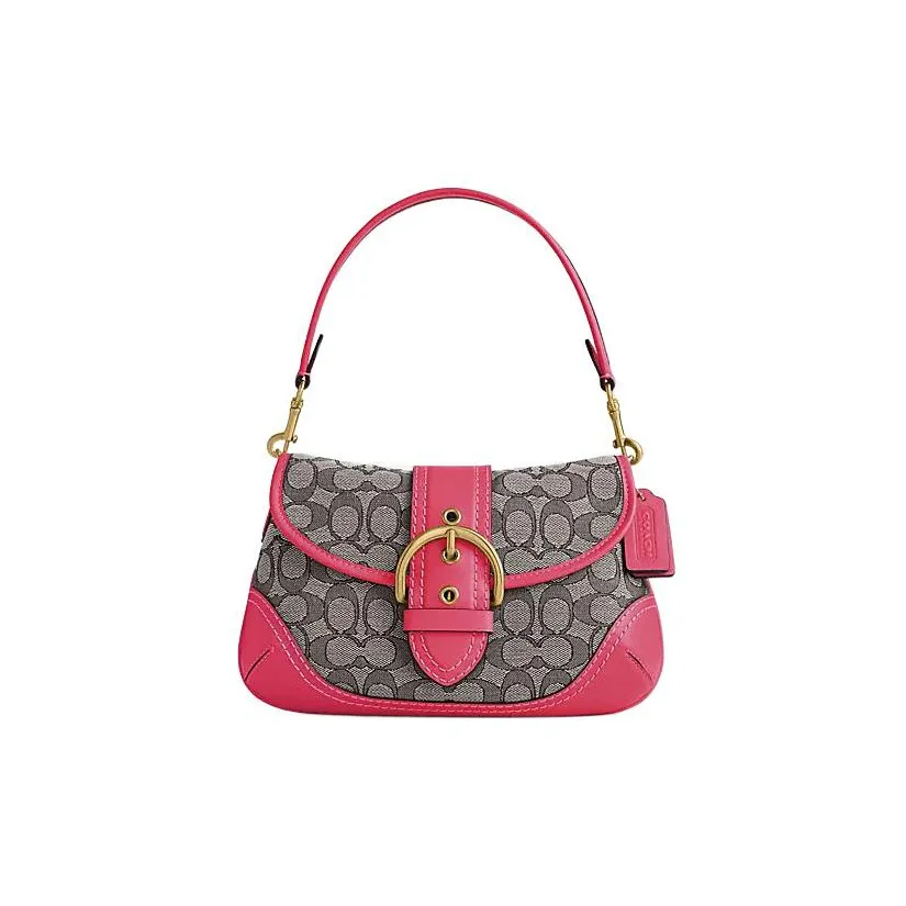COACH Soho Fabric With Leather Crescent Bag Shoulder Bag Women's Strawberry Red & Gray