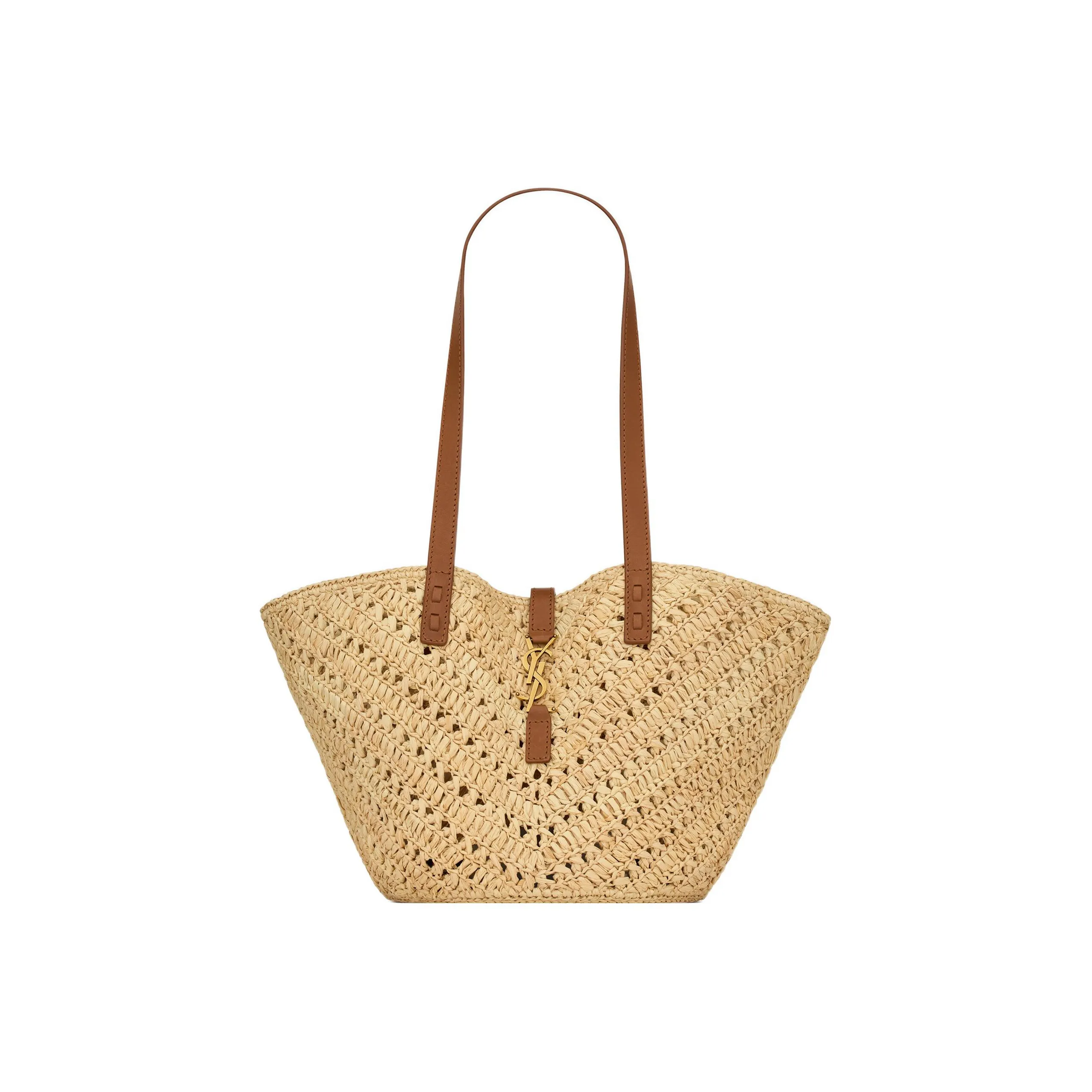 SAINT LAURENT Raffia With Cow Leather And Fabric One Shoulder Handbags Small Size Women's Natural/Brown