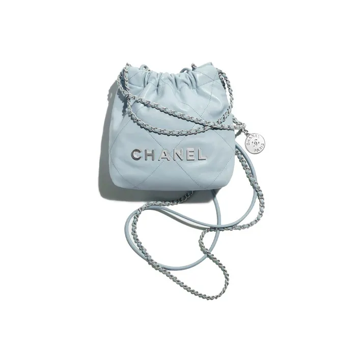 CHANEL 22Bag Shiny Calfskin Bucket Bags Shoulder Bag Crossbody Bag Mini Women's Cream Blue/Baby Blue