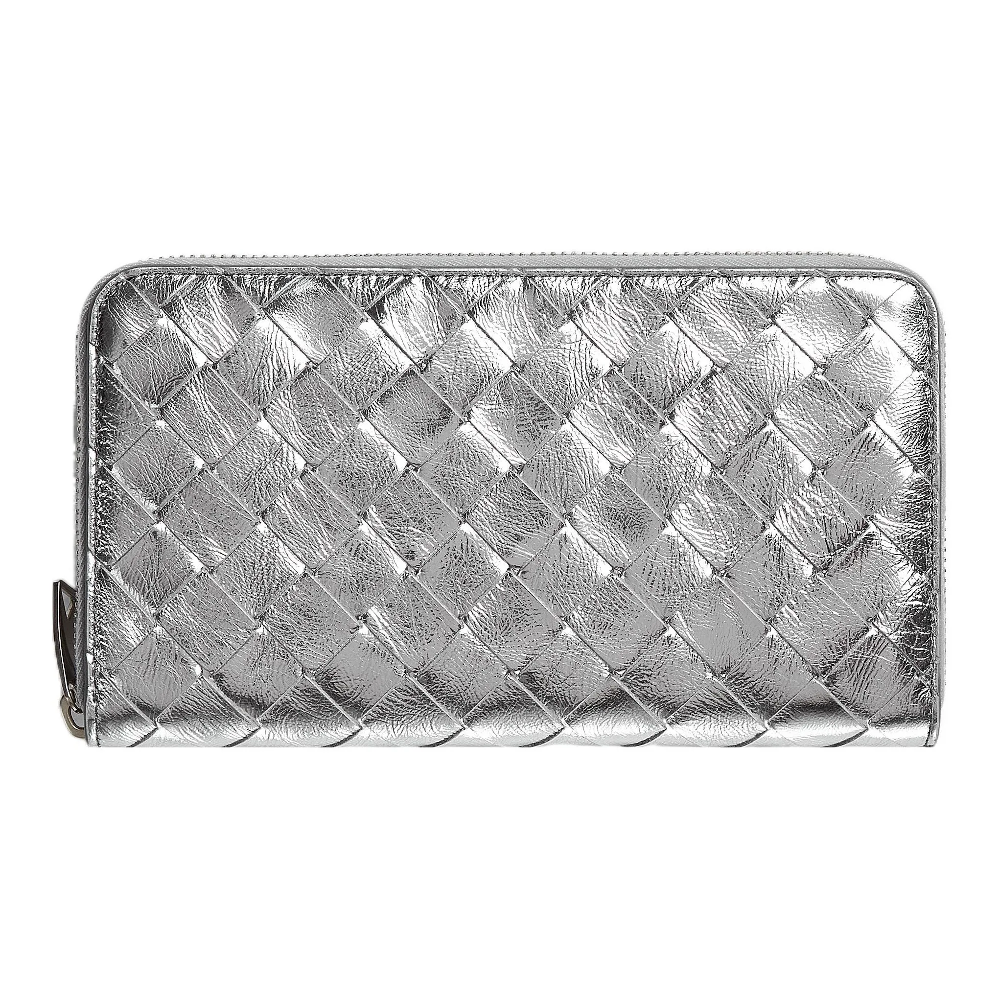 Bottega Veneta Zip Around Wallet Intrecciato Silver