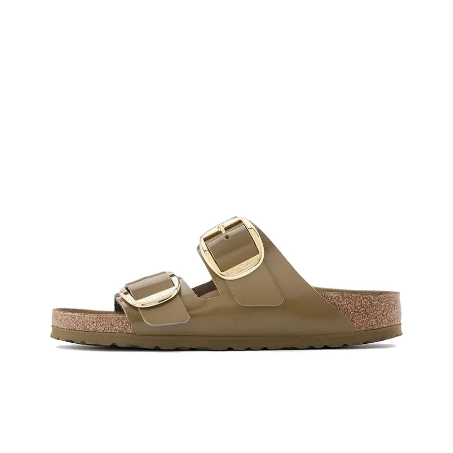 Birkenstock Arizona Big Buckle Natural Leather Patent Narrow Fit Sandals 'High Shine Mud Green' Women's
