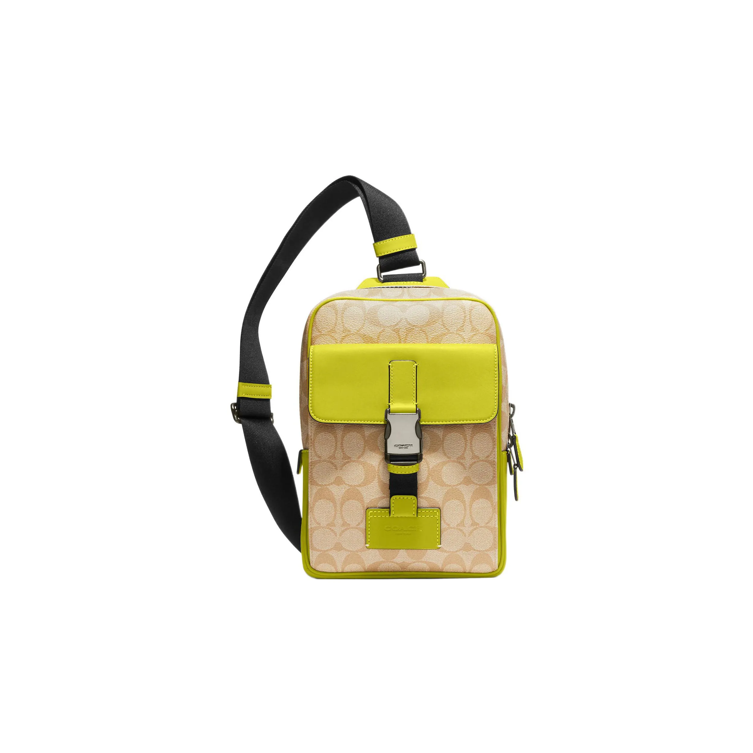 COACH Track Canvas With Calfskin One Shoulder Crossbody Fanny Pack Sling Bag Trumpets Men's Light Khaki & Lemon