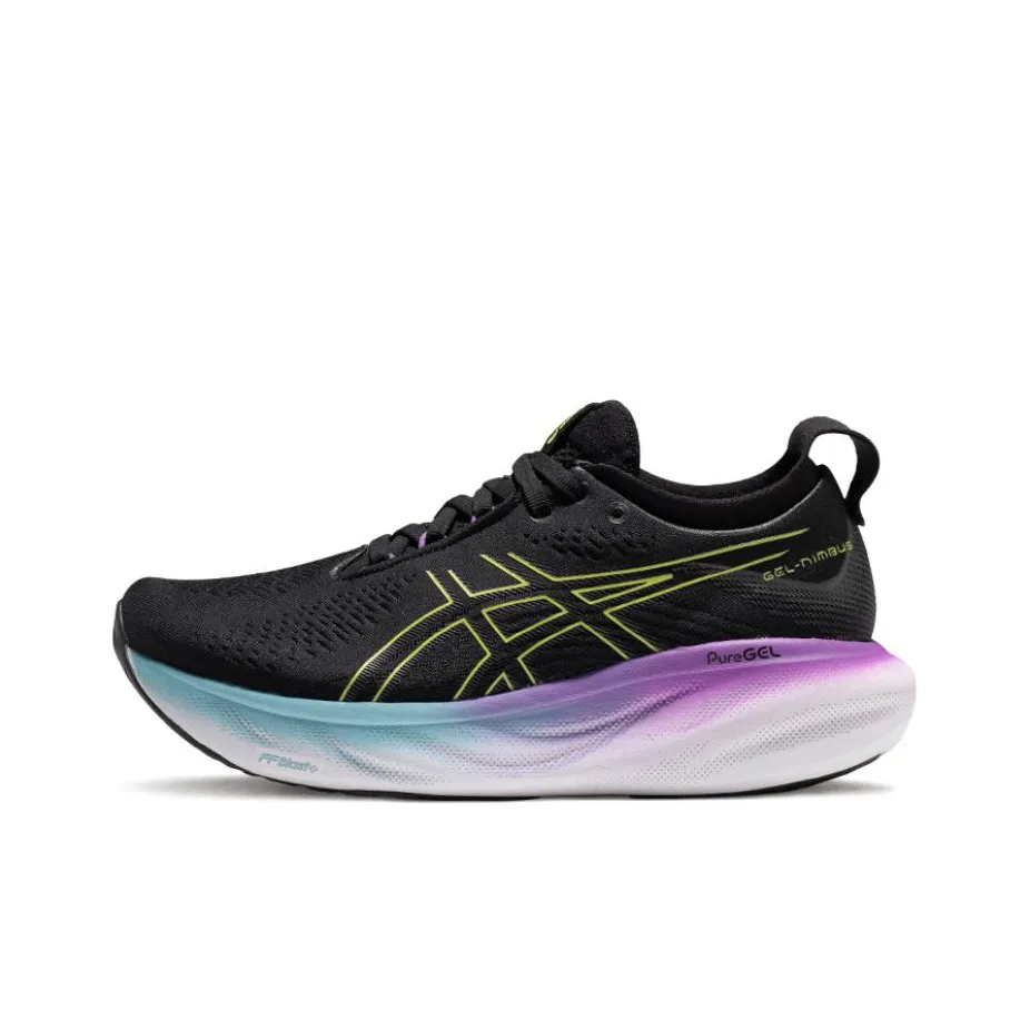 Asics Gel Nimbus 25 Амортизация Устойчивость к истиранию Дышащий Низкий Верх Тренировочные Беговые кроссовки Женские Черный Синий Фиолетовый