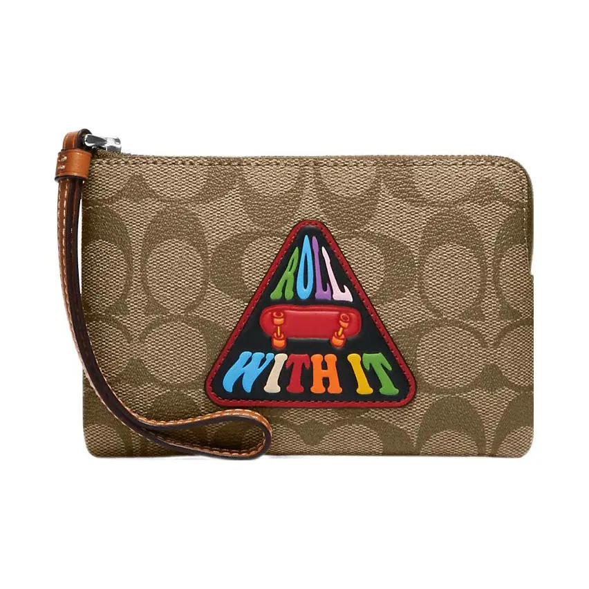 COACH Corner Zip Холст и Кожа Кошелек Запястье Сумка Клатч Маленький Женский Коричневый