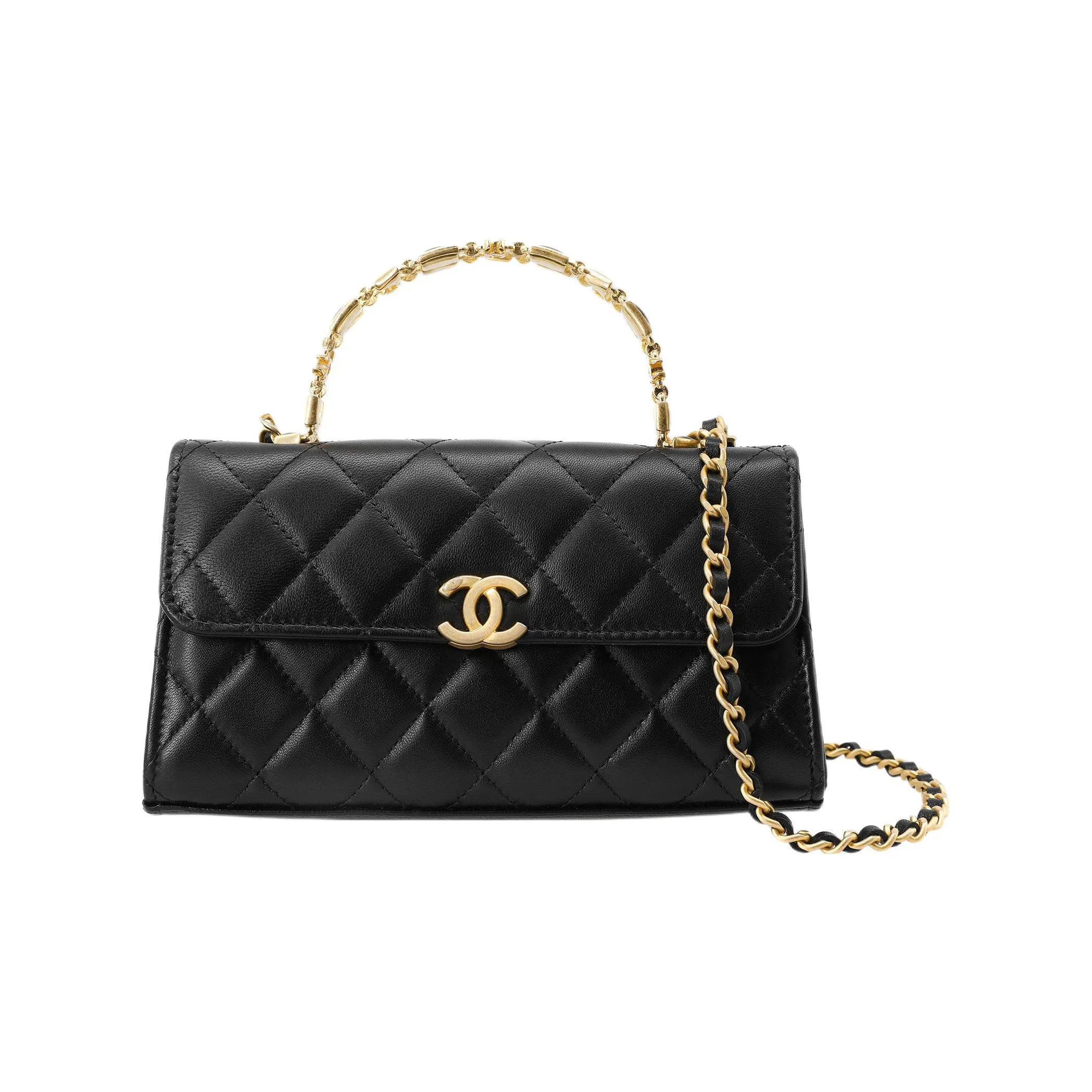 CHANEL Gold Metal With Lambskin Kelly Bag, Shoulder Bag, Crossbody Handbag Tubas Women's Black