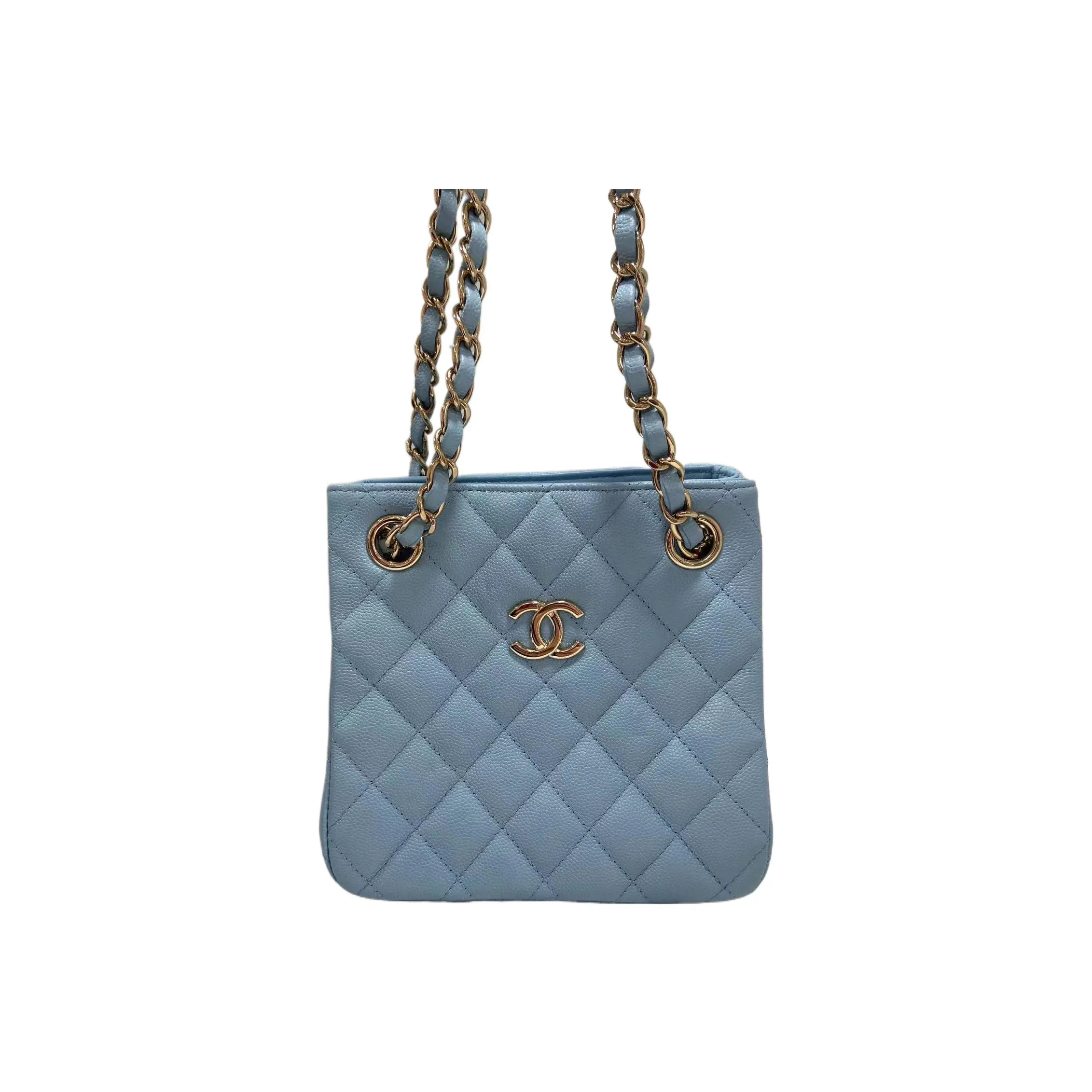 CHANEL Grained Embossed Cow Leather Tote Bag Crossbody Bag Shopping Bag Mini Women's Blue