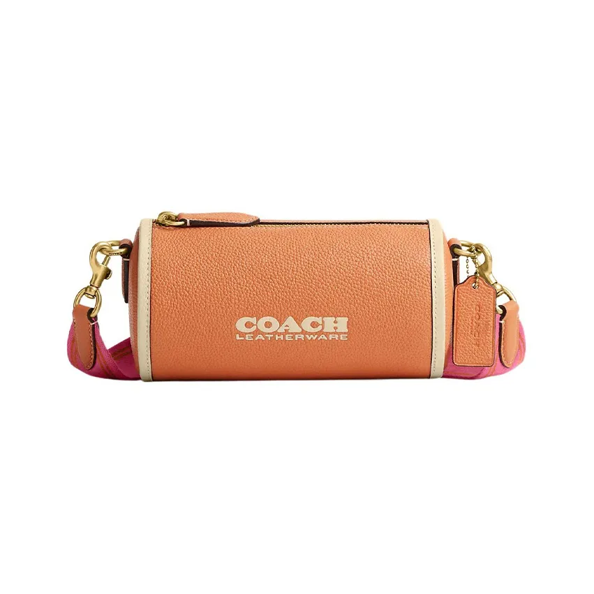 coach Handbag Barrel Pebbled Leather Cylinder Bag, Shoulder Bag, Crossbody Bag Large Size Women's Orange